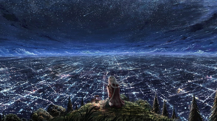 woman sitting on hilltop digital wallpaper, night, city, star - space