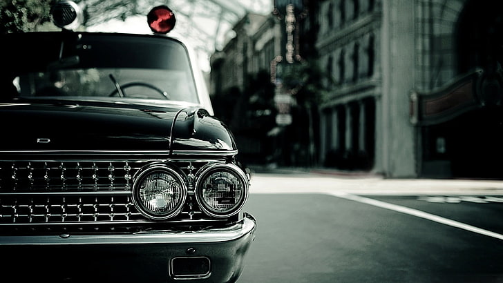 black vehicle, vintage, car, Headlights, photography, police, HD wallpaper