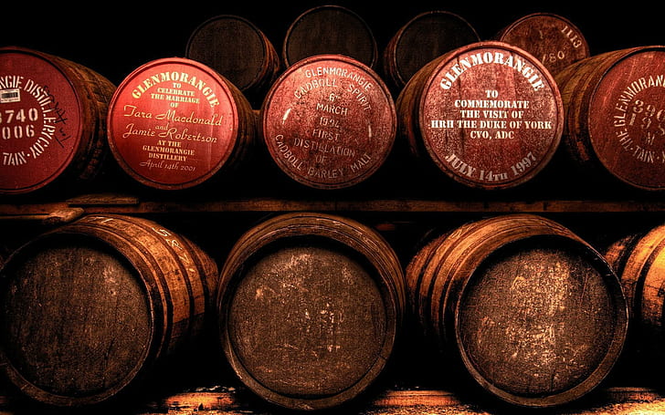 Glenmorangie scotch barrels, brown wooden beer barrel lot, photography