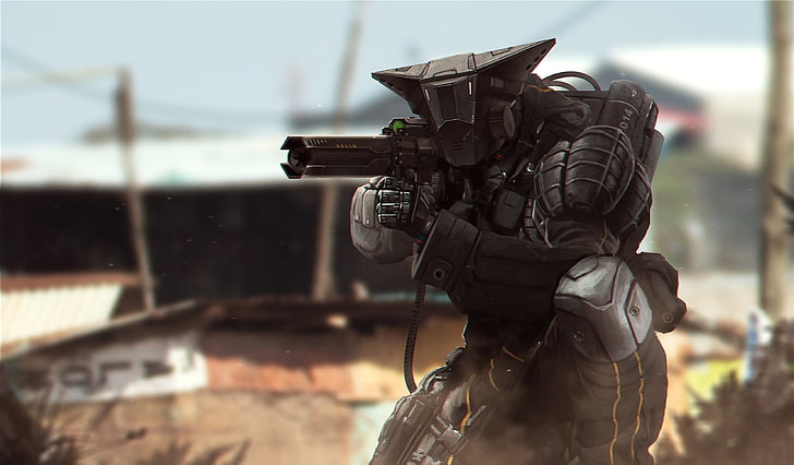 person holding gun game illustration, artwork, futuristic, focus on foreground, HD wallpaper