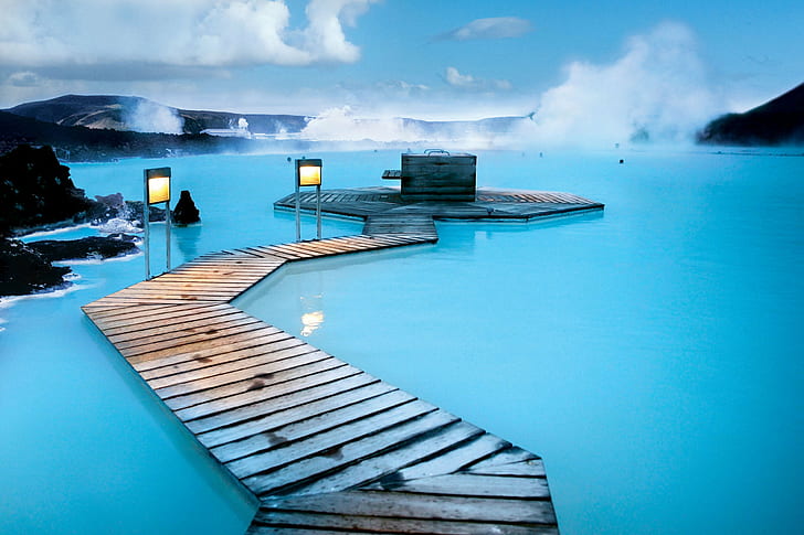 gray wooden dock surrounded by body of water, iceland, iceland