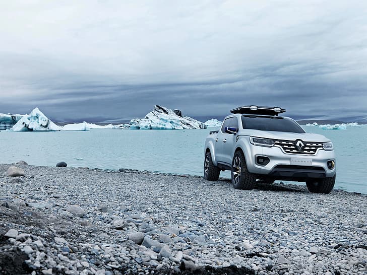 stones, shore, silver, ice, Renault, pickup, 2015, Alaskan Concept, HD wallpaper