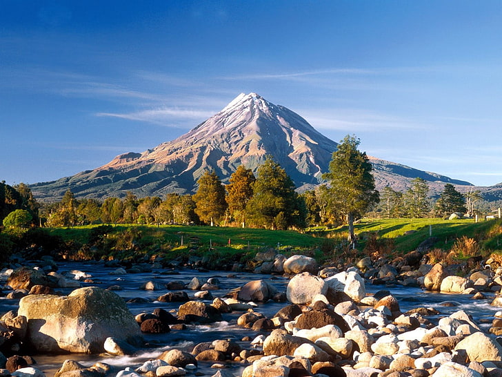 mountains, creeks, stones, New Zealand, snowy peak, beauty in nature, HD wallpaper