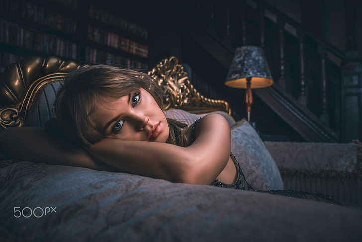 women, Anastasia Scheglova, blonde, portrait, model, lying down