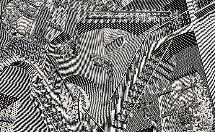 artwork, optical illusion, M. C. Escher, drawing, monochrome