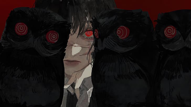 Chainsaw Man, owl, red background, stare, yoru, red eyes, looking at viewer, HD wallpaper