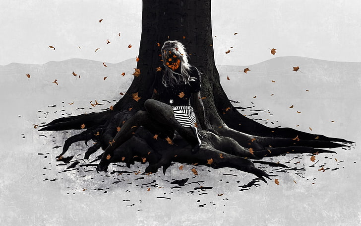 woman sitting under tree clip art, woman silhouette sitting on tree with falling brown leaves digital wallpaper, HD wallpaper