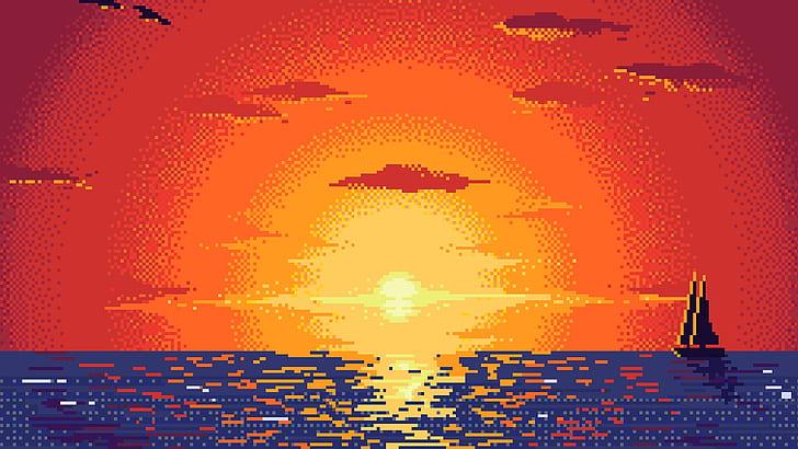 Hd Wallpaper Artistic Pixel Art Boat Ocean Sunset