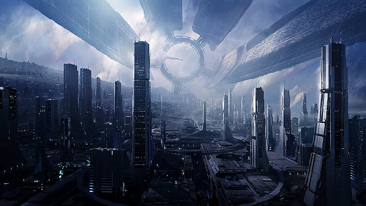 gray city buildings, city scale photo, futuristic, Mass Effect, HD wallpaper