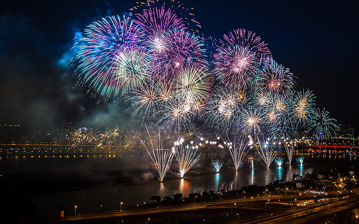 multicolored fireworks, night, colorful, city, illuminated, motion