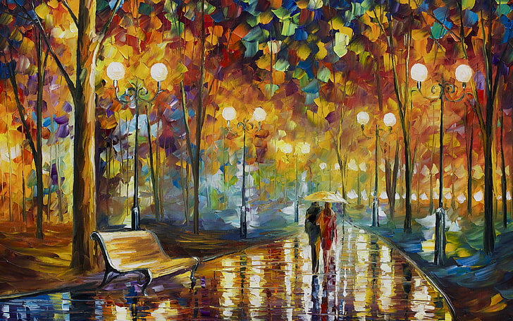 painting of couple walking on street surrounded with trees while holding umbrella