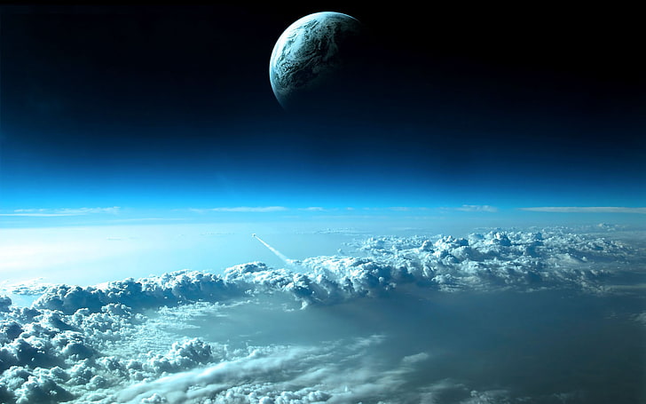 planet wallpaper, space, Earth, clouds, Moon, artwork, digital art