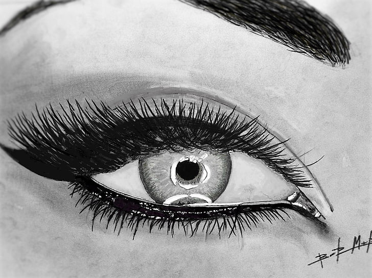 black and white feather print textile, eyes, drawing, human eye, HD wallpaper