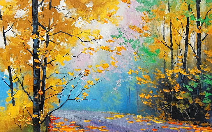 trees, leaves, artwork, painting, Graham Gercken, forest, fall, HD wallpaper