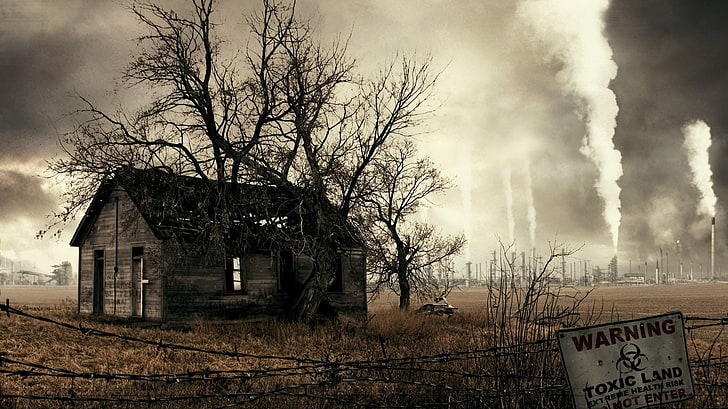 smoke toxic house barbed wire 1366x768  Architecture Houses HD Art, HD wallpaper