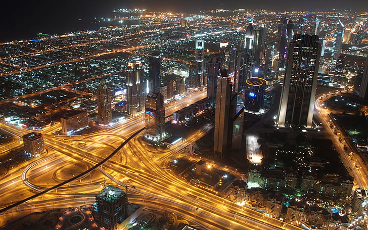 United Arab Emirates, Dubai, city, metropolis, skyscrapers, lights, HD wallpaper