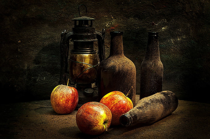 three red apples, bottles, food and drink, container, freshness, HD wallpaper