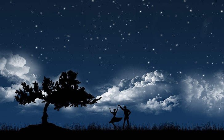 silhouette photo of tree and ballerina, fantasy art, sky, field
