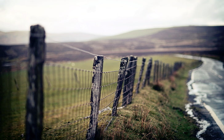gray wooden fence, landscape, road, barrier, boundary, environment, HD wallpaper