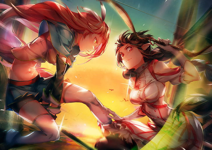 two anime female illustrations, anime girls, knee-highs, long hair, HD wallpaper