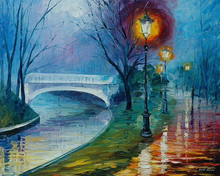 black street lamps near bridge painting, road, water, light, river