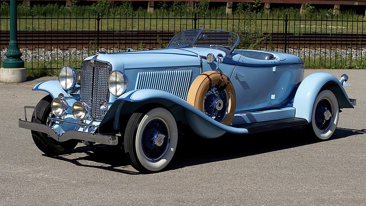 blue coupe, 1931 auburn speedster, retro, lights, convertible, HD wallpaper