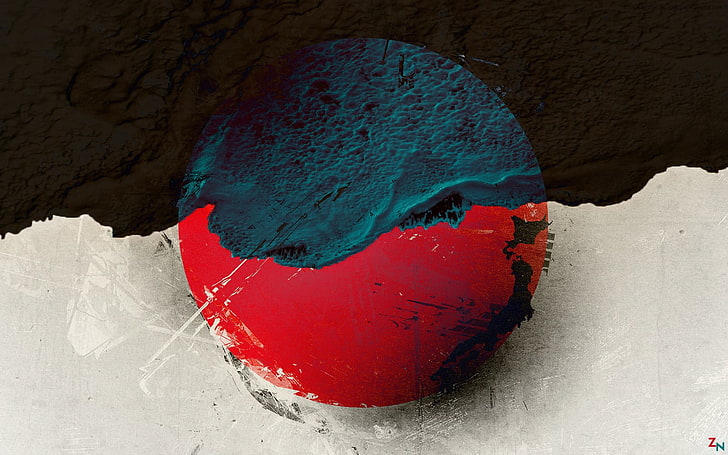 black, red, and teal abstract illustration, white, disaster, Japan