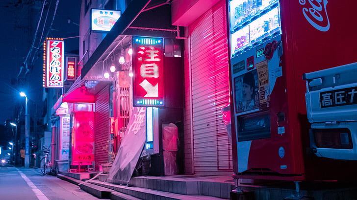 Japan, city, neon, vending machine, night, Tokyo