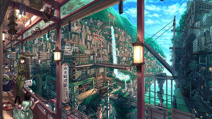 balcony, waterfall, anime, anime girls, cityscape, architecture, HD wallpaper