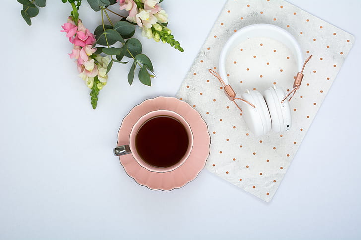flowers, coffee, headphones, Cup, pink, tender, HD wallpaper