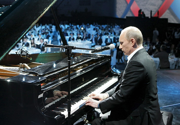Vladimir Putin, music, Wallpaper, microphone, piano, plays, Prime Minister of Russia
