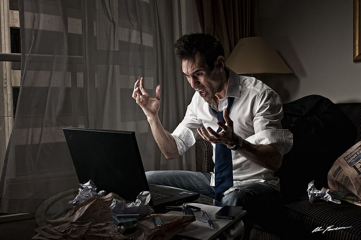 men's white dress shirt, anger, man, despair, laptop, cigarette, HD wallpaper