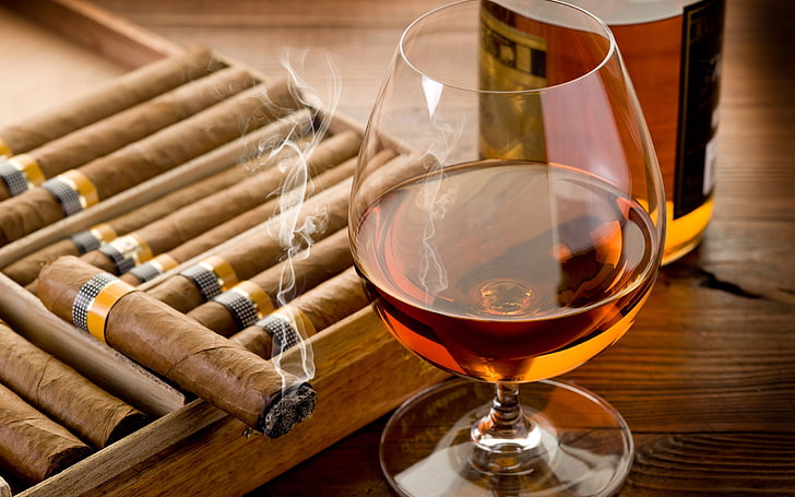 clear brandy glass, cigars, photography, Cohiba, alcohol, drink, HD wallpaper