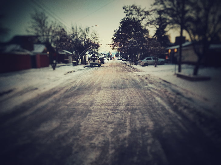 brown asphalt road, cityscape, street, ice, snow, winter, trees, HD wallpaper