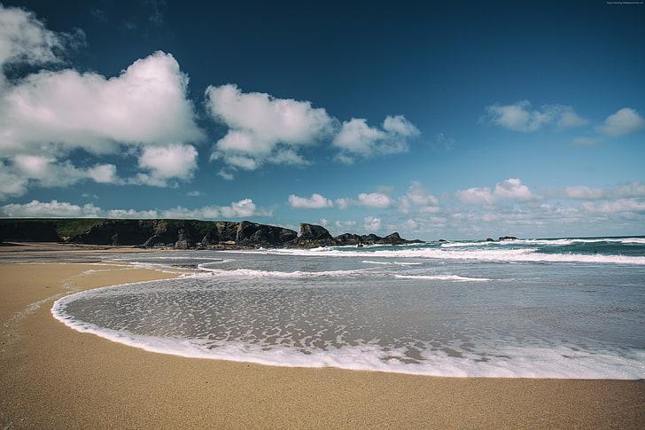 sea, 4k, 5k, shore, Cornwall, England, beach, Porthcothan Bay, HD wallpaper