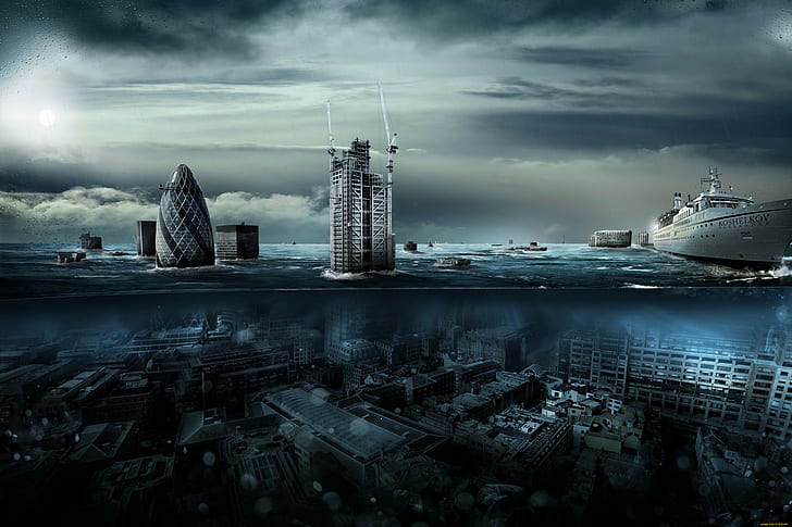 artwork fantasy art ship split view sunken cities, sky, architecture