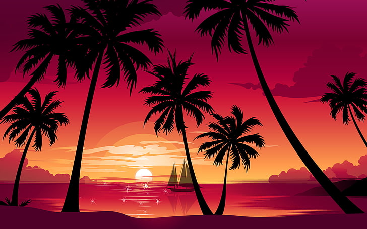 palm tress illustration, sea, beach, the sun, sunset, nature