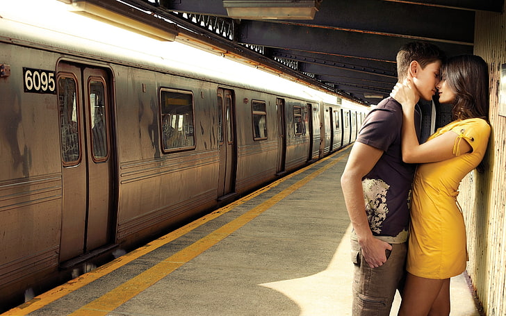 inlove, kissing, pictorial, prenup, stations, train, HD wallpaper