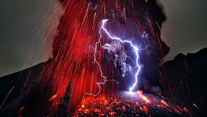 lava, long exposure, eruption, Hawaii, lightning, volcanic eruption