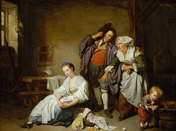 interior, picture, genre, Jean-Baptiste Greuze, Broken Eggs