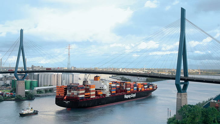 Container Ship Under Bridge In Chicago, brown cargo, river, tug boat
