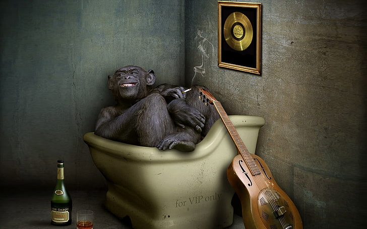 Pavel Kaplun, monkey smoking in the bathtub painting, Funny, primate