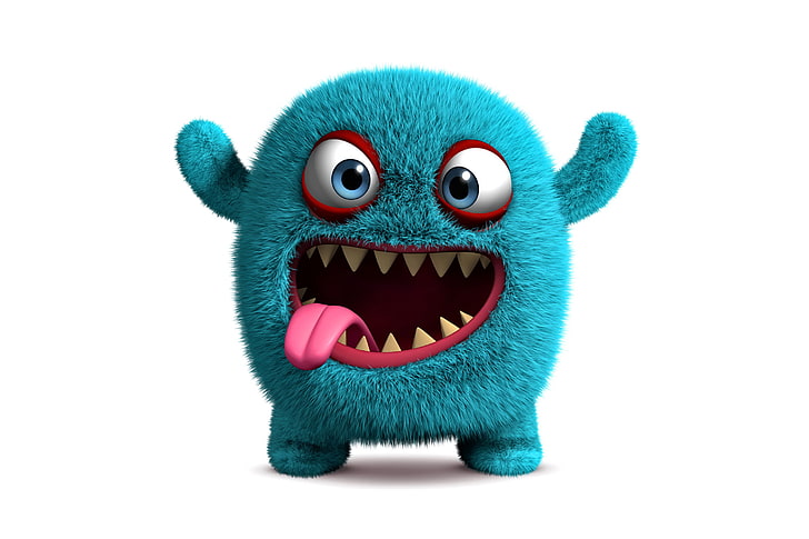 blue monster cartoon character, face, funny, cute, fluffy, animal