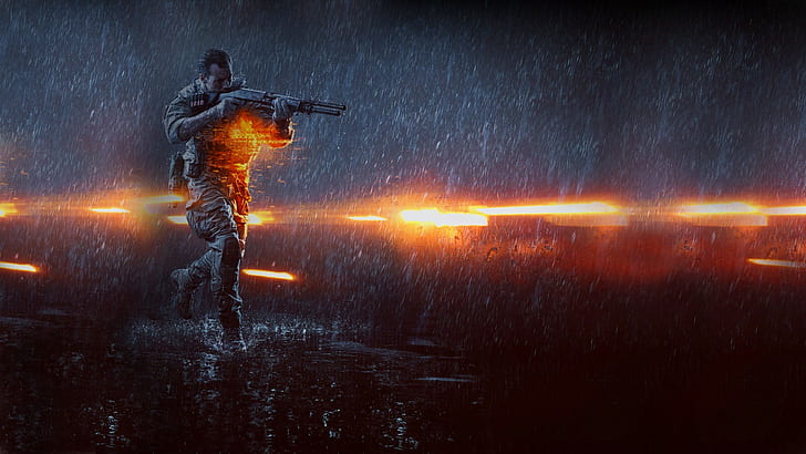 Battlefield 4, Games, shooting, gun, rain, night, HD wallpaper