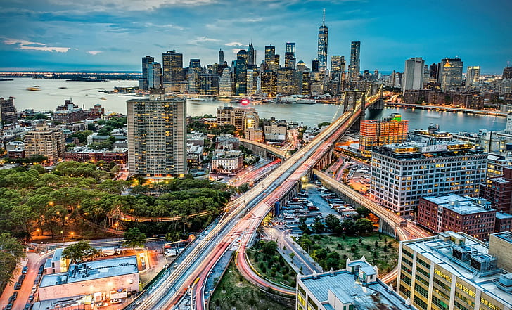Manhattan, city, New York City, Brooklyn Bridge, long exposure