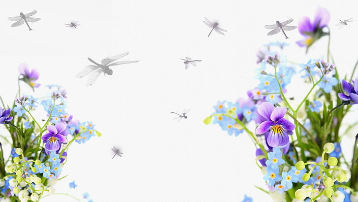 Pansies Dragonflies, spring, dragonfly, dragoflies, purple, persona, HD wallpaper