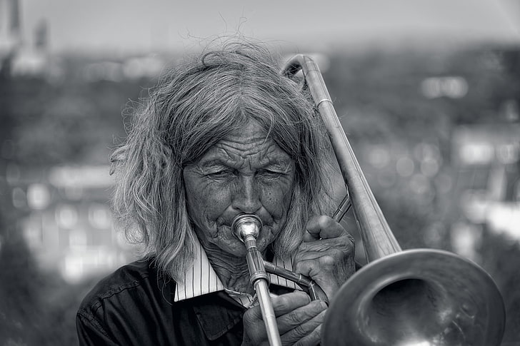 music, old people, monochrome, senior adult, one person, focus on foreground