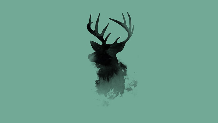 deer, simple background, green background, painting, minimalism, HD wallpaper