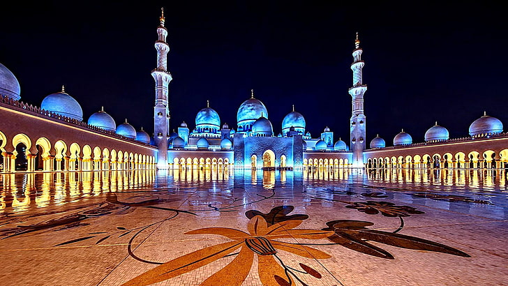 blue lights, landmark, mosque, night, place of worship, tourist attraction, HD wallpaper