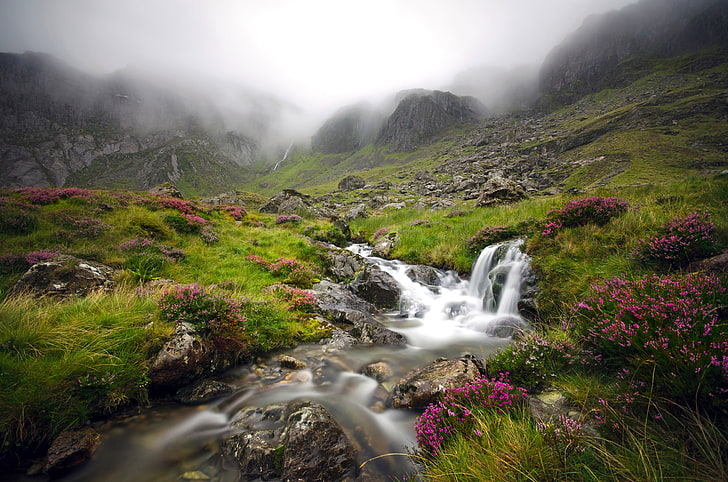 green grass, mountains, fog, stream, England, valley, Wales, Snowdonia